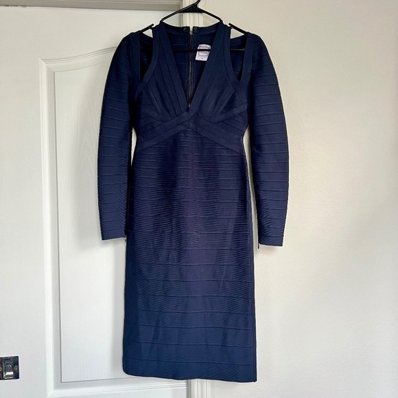Herve Leger Navy Long Sleeve Bodycon Bandage Dress with Cutouts Size Medium  - benaras.co